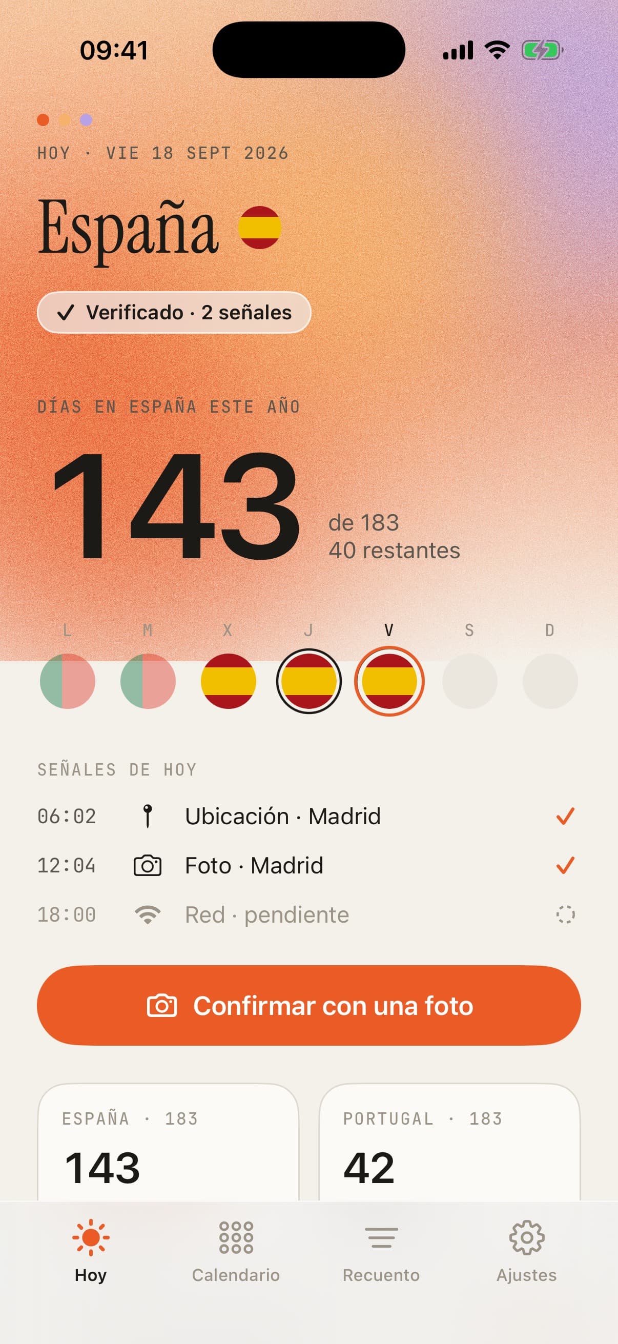 La pantalla de hoy de WhereIAm: España, día 143 de 183, con las señales del día